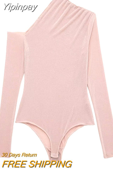 Yipinpay Brown Mesh Bodysuit Women Long Sleeve Body Woman Tulle See Through Bodysuit Lingerie Sexy Off Shoulder Asymmetrical Top